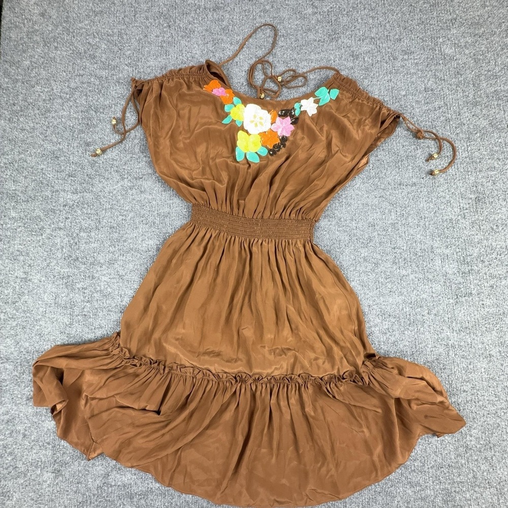 Milly Dress Womens 4 Brown Silk Embroidered Floral Smocked Fit Flare Boho Y2K